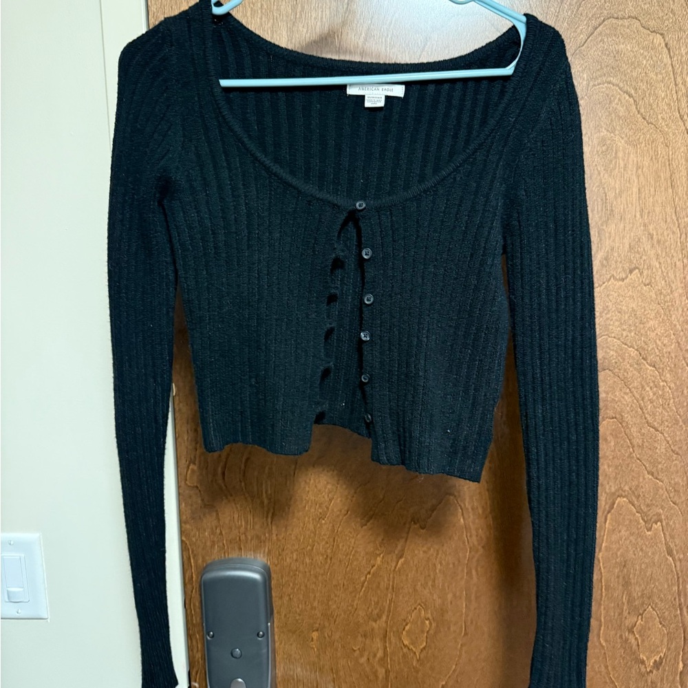 Black Ribbed Button-Up Cardigan